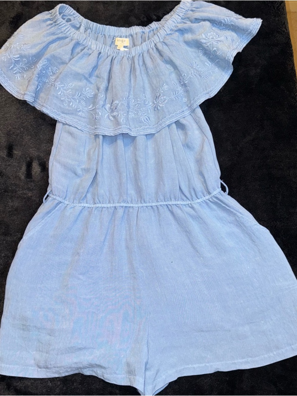 Umgee Blue Off Shoulder Romper Embroidered Boho Ruffle NWT Size‎ Large